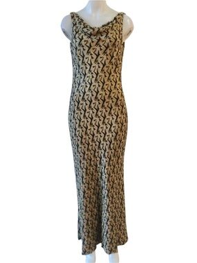 Carmen Marc Valvo Signature Beaded Cowl Neck Gown Taupe Tan Black Size 10